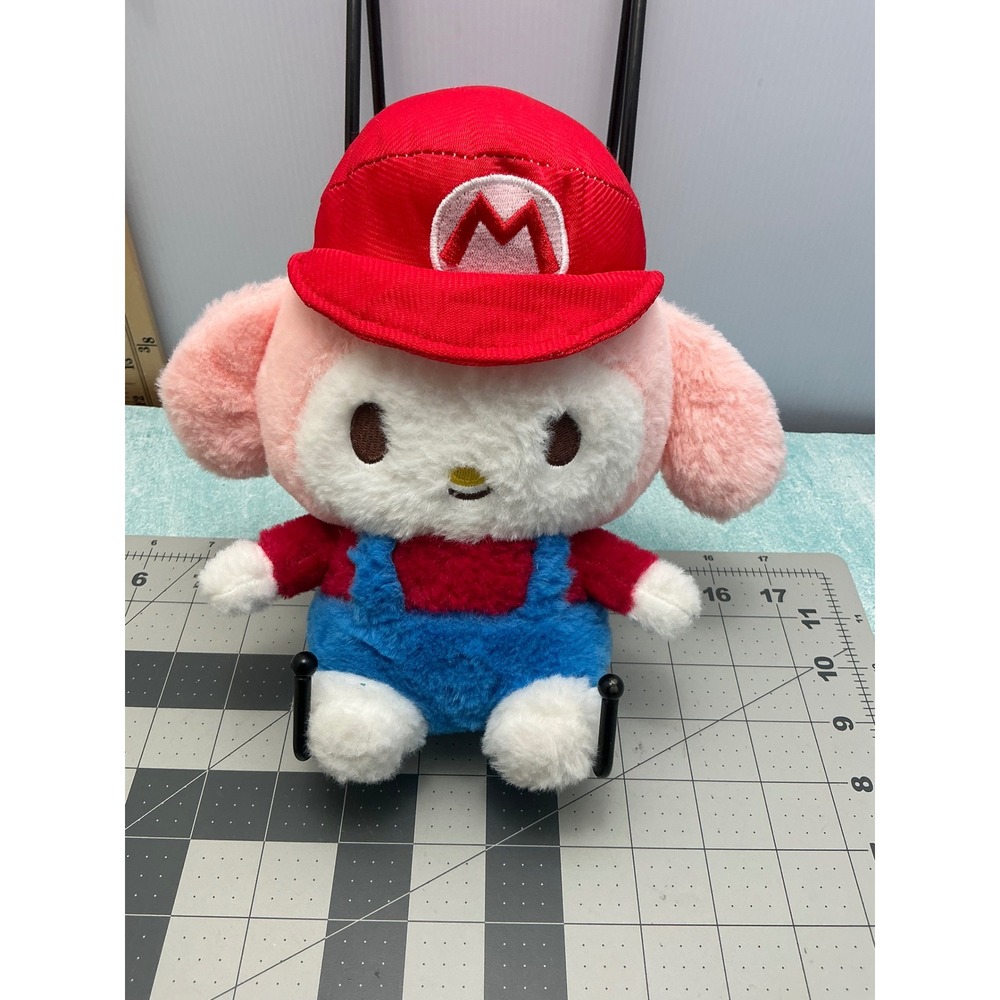 Sanrio My Melody Super Mario Cosplay Plush Pink Bunny Red Hat Blue Overalls 9"